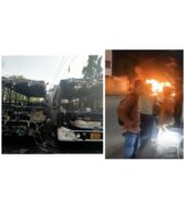 ओलीडीह थाना क्षेत्र के संकोसाई में खड़ी दो बसों में लगी भीषण आग, दोनों बसें जलकर खाक