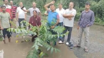 अन्ना चौक पर जर्जर सड़क के खिलाफ अनोखा प्रदर्शन, गड्ढों में पौधे लगाकर जताया विरोध